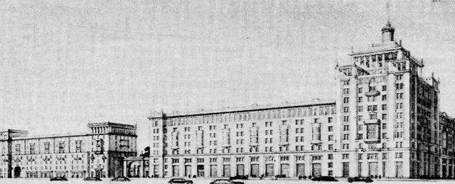 Проект осуществленной в 1956 г. застройки площади Маяковского (Триумфальной), 1940-е. Арх: Д. Чечулин