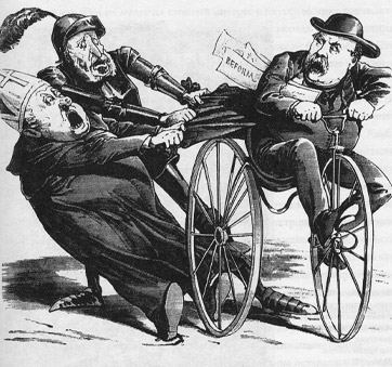 На венгерской карикатуре велосипед как символ прогресса тормозят консервативные силы: церковь и армия (Ustokos. 9 апреля 1869)
