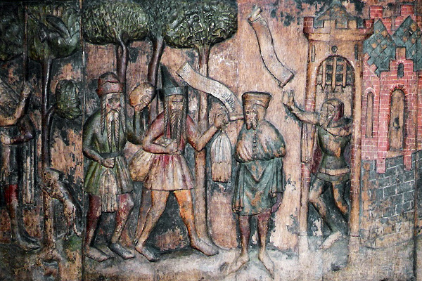 Новгородцы предлагают меха приказчику двора святого Петра в Новгороде или в Риге. Штральзунд, резная панель из церкви святого Николая. Около 1400 года