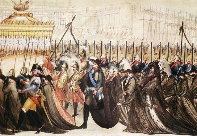 Неизвестный художник «Павел I и Мария Федоровна идут за саркофагом с телом Петра III и Екатерины. Похороны 2 декабря 1796»
