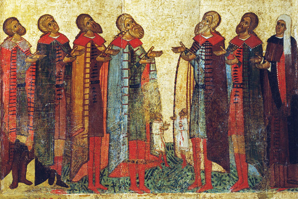 Новгородские бояре Кузьмины. Деталь иконы «Молящиеся новгородцы», около 1467 года