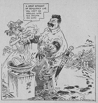 Нью Дилиа (New Deal — политика правительства Рузвельта) стирает с рук Сталина «моральное эмбарго» и говорит: «Такой великий представитель демократии, как ты, не должен ходить с таким позорным клеймом»