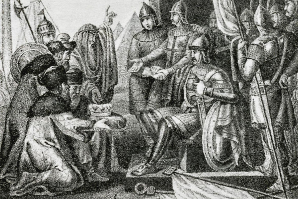 Рюрик, Синеус и Трувор принимают славянских послов, призывающих их на княжение. Рисунок XIX в.