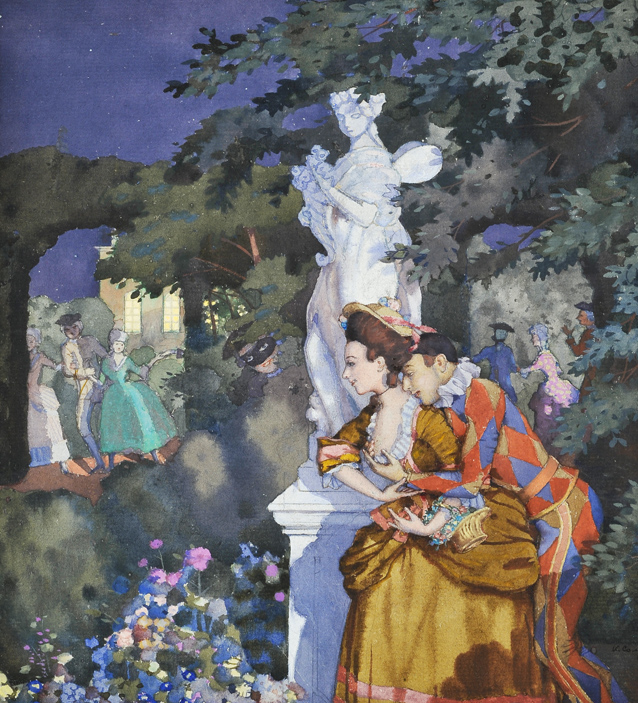 Константин Сомов. Влюбленный арлекин (Арлекин и пастушка в парке при луне у статуи Флоры), 1912