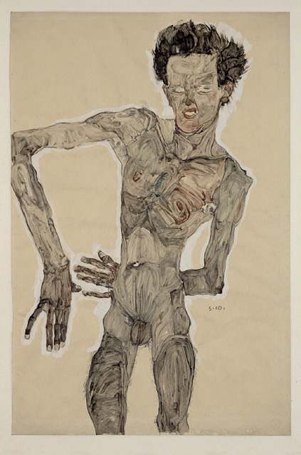 Эгон Шиле. Автопортрет в обнаженном виде, гримаса, 1910