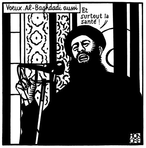 За несколько часов до террористической атаки в твиттере журнала появилась карикатура на лидера «Исламского государства» Абу Бакр аль-Багдади, выступающего с речью. «Всего вам хорошего, кстати», — говорит лидер террористической организации.