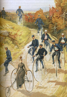 На акварели работы Хи Сэндхема (1887) отражено господство высокого велосипеда в начале 1880-х гг. 