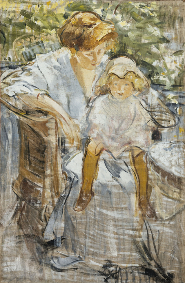Портрет жены и сына за столом. 1910-е  холст, масло