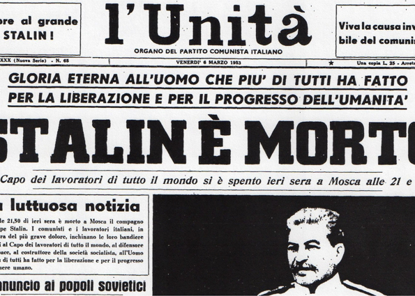 Первая страница газеты L'Unità после смерти советского диктатора Сталина, 6 марта 1953 года