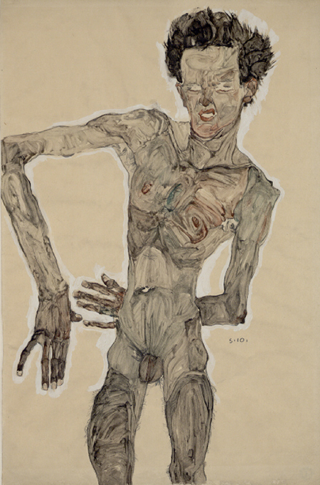 Эгон Шиле, «Автопортрет в обнаженном виде, гримаса», 1910