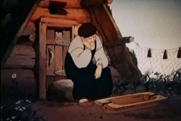У разбитого корыта. Кадр из мультфильма «Сказка о рыбаке и рыбке», «Союзмультфильм», 1950