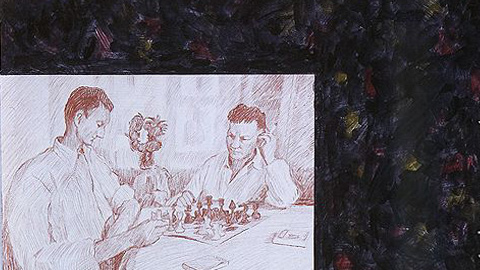 Илья Кабаков «Игра в шахматы», 1973г. Почти через 25 лет Кабаков проиллюстрирует свой диалог с искусствоведом Борисом Гройсом уже другой игрой, в теннис