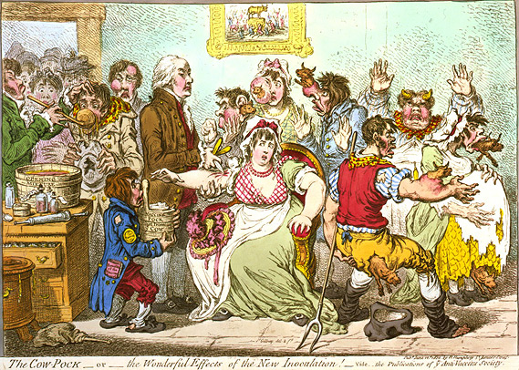 Карикатура: Английский врач Эдвард Дженнер делает первые в истории прививки от оспы – а пациенты растят рога: вакцина делалась на основе выделений больных коров.
