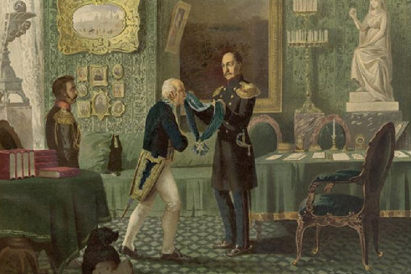 Николай I награждает М.М. Сперанского за составление Свода законов в 1833 году. Хромолитография с рисунка А. Кившенко, 1880
