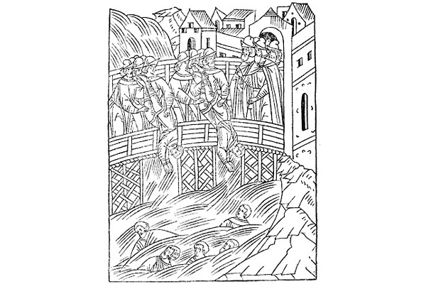Казнь стригольников в Новгороде. Миниатюра Никоновской лицевой летописи. XVI век