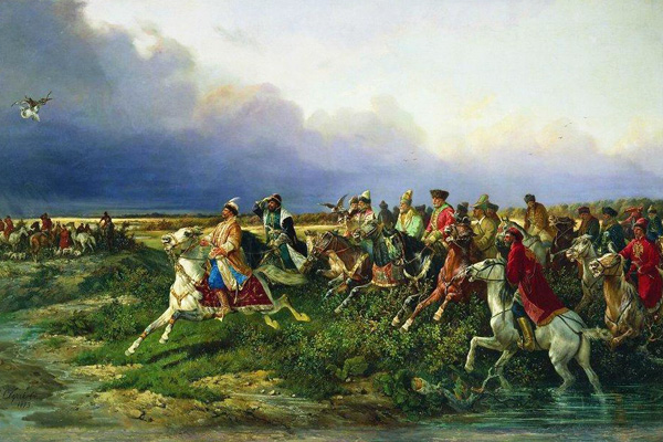 Николай Сверчков «Царь Алексей Михайлович с боярами на соколиной охоте близ москвы», 1873 год