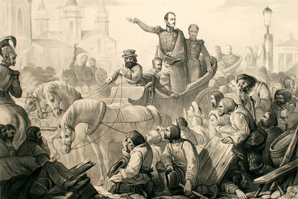 Николай I во время холерного бунта в Петербурге в 1831 г. Литография, 1839