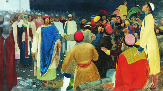 Андрей Рябушкин «Князь Глеб Святославович убивает волхва на Новгородском вече», 1898 год