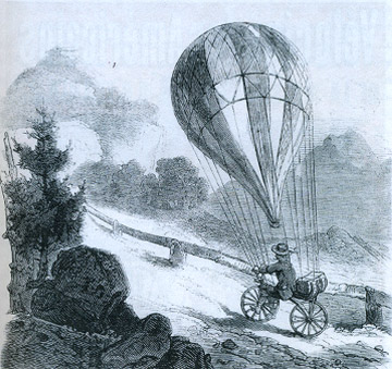 «Горный самокат», оснащенный воздушным шаром. Рисунок немецкого художника (Ilustrarte Zeitung. 3 июля 1869)